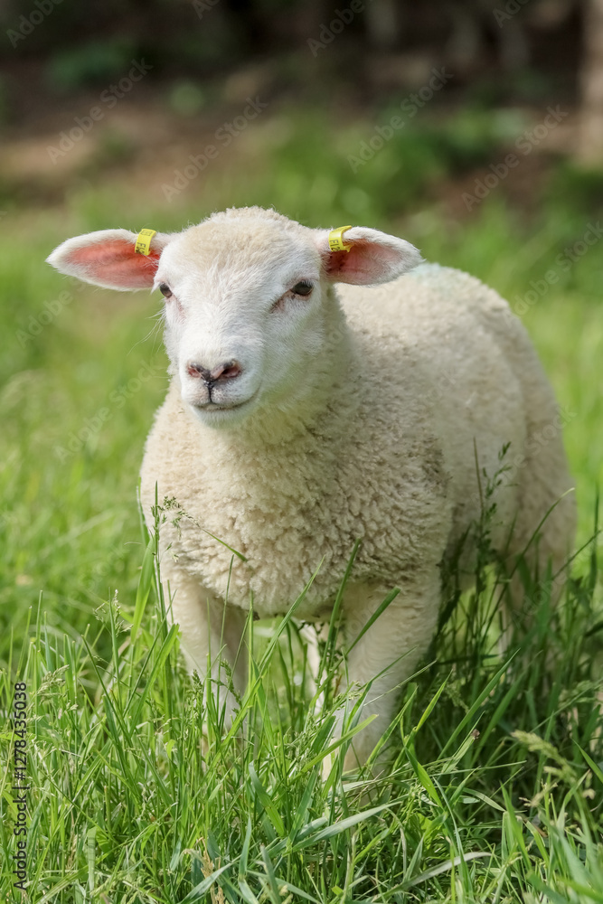 White sheep in the summer pasture in June. The curious lamb has yellow ear tags on both ears. Fresh green hay grows in the meadow. White sheep in the summer pasture in June. The curious lamb has yellow ear tags on both ears. Fresh green hay grows in the meadow.