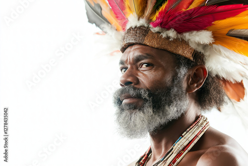 Papua New Guinean tribesman in feathered headdress isolated on white background photo