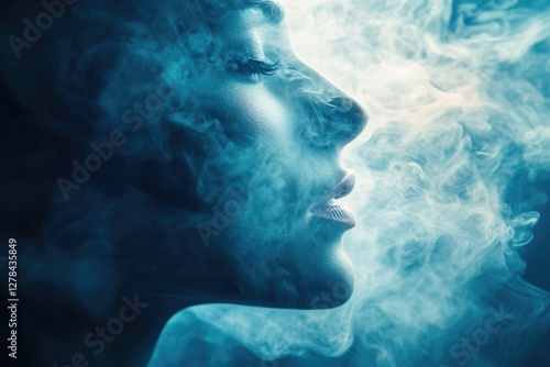 A woman blowing out smoke from her mouth photo