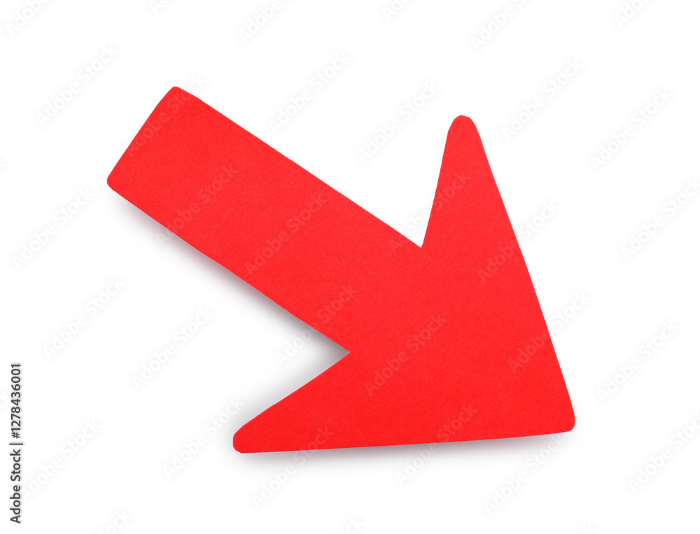 Obraz premium One red paper arrow isolated on white, top view