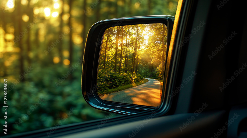 A close-up of a car side mirror, reflecting a summer forest road. A close-up of a car side mirror, reflecting a summer forest road.