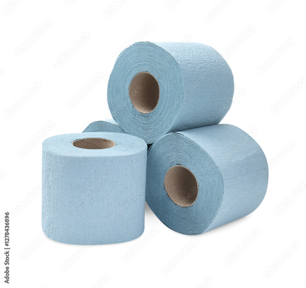 Stacked light blue toilet paper rolls isolated on white Stacked light blue toilet paper rolls isolated on white
