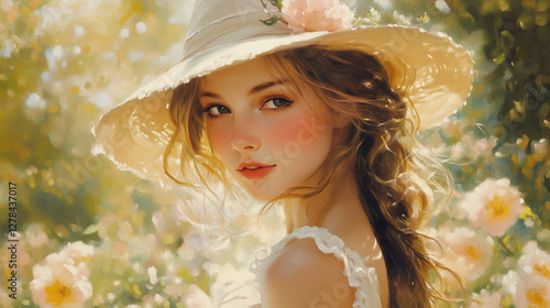 Oil painting portrait of beautiful romantic young woman in a summer hat in garden with flowers