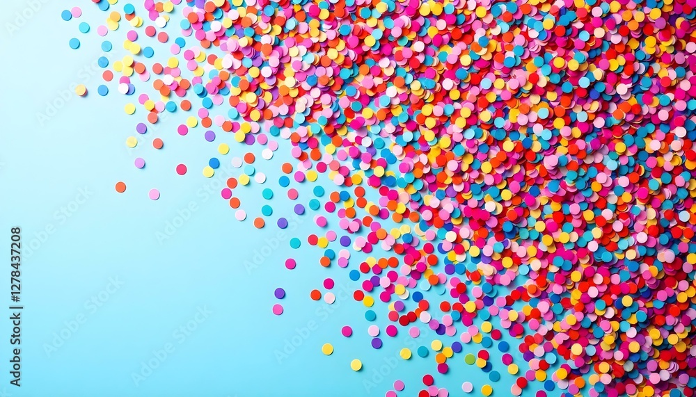 Fototapeta premium Confeti colorido cayendo sobre un montón de confeti, fondo azul claro, fiesta, celebración, diversión, festivo, brillante, alegre, vibrante, alegre, juguetón
