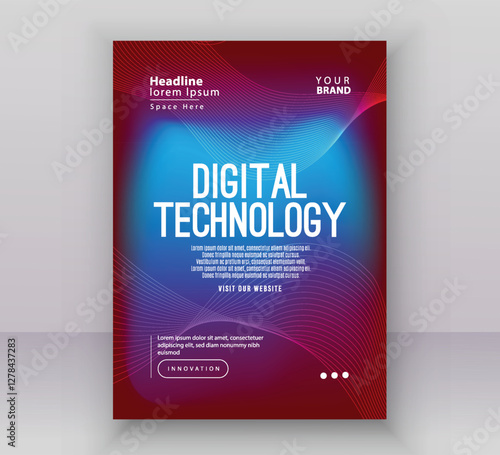 A red blue modern abstract digital technology poster template with a vibrant gradient background blending blue and red hues. The design features elegant wave patterns, minimal typography 
