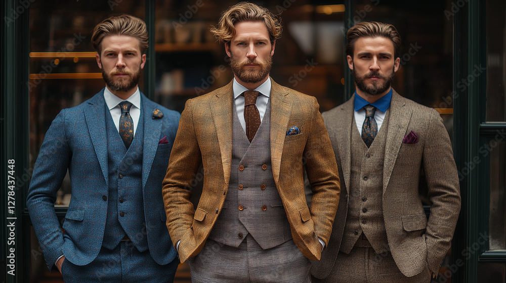 Three dapper gentlemen pose confidently, each donning tailored suits in varying colors and patterns, set against a chic urban backdrop during early evening light