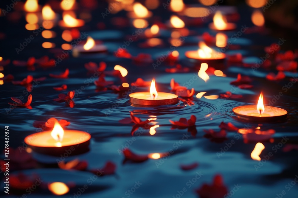 A group of candles floating on the surface of calm water, perfect for use in editorial or commercial content A group of candles floating on the surface of calm water, perfect for use in editorial or commercial content
