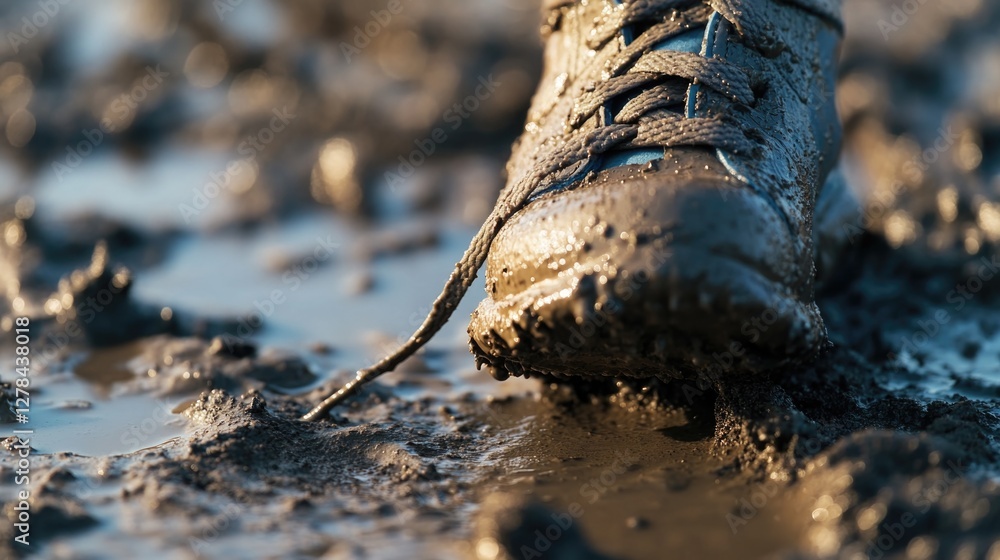 A close-up view of a dirty shoe stuck in muddy terrain
