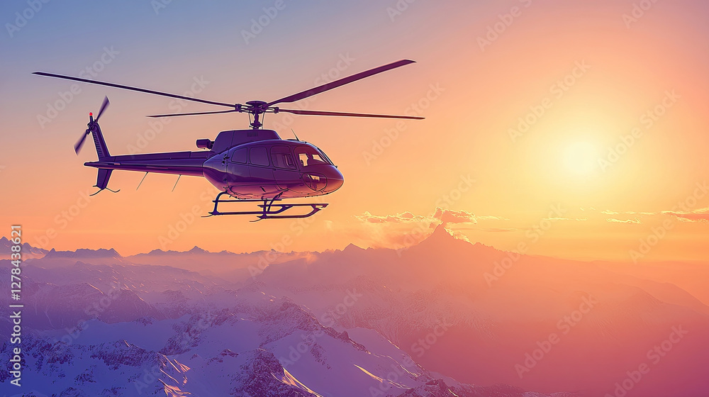Fototapeta premium Helicopter Flying Above Snow-Capped Mountains During Sunset, Illuminating the Sky With Warm Hues and Creating a Breathtaking View