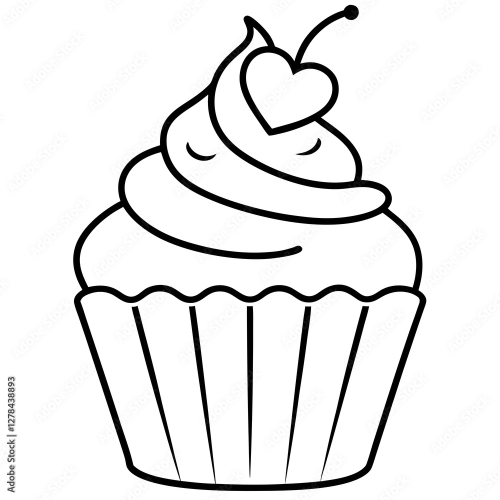 Romantic Cupcake with Heart Decoration Outline Romantic Cupcake with Heart Decoration Outline