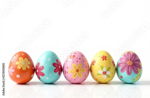 Colorful eggs with floral pattern, free space on top of image for text, white background.