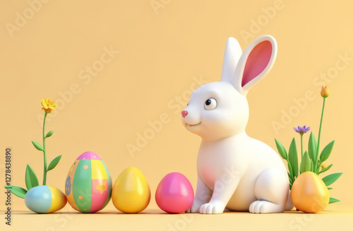 Cute Easter bunny with easter eggs and spring flowers, 3D render with copy space for text.