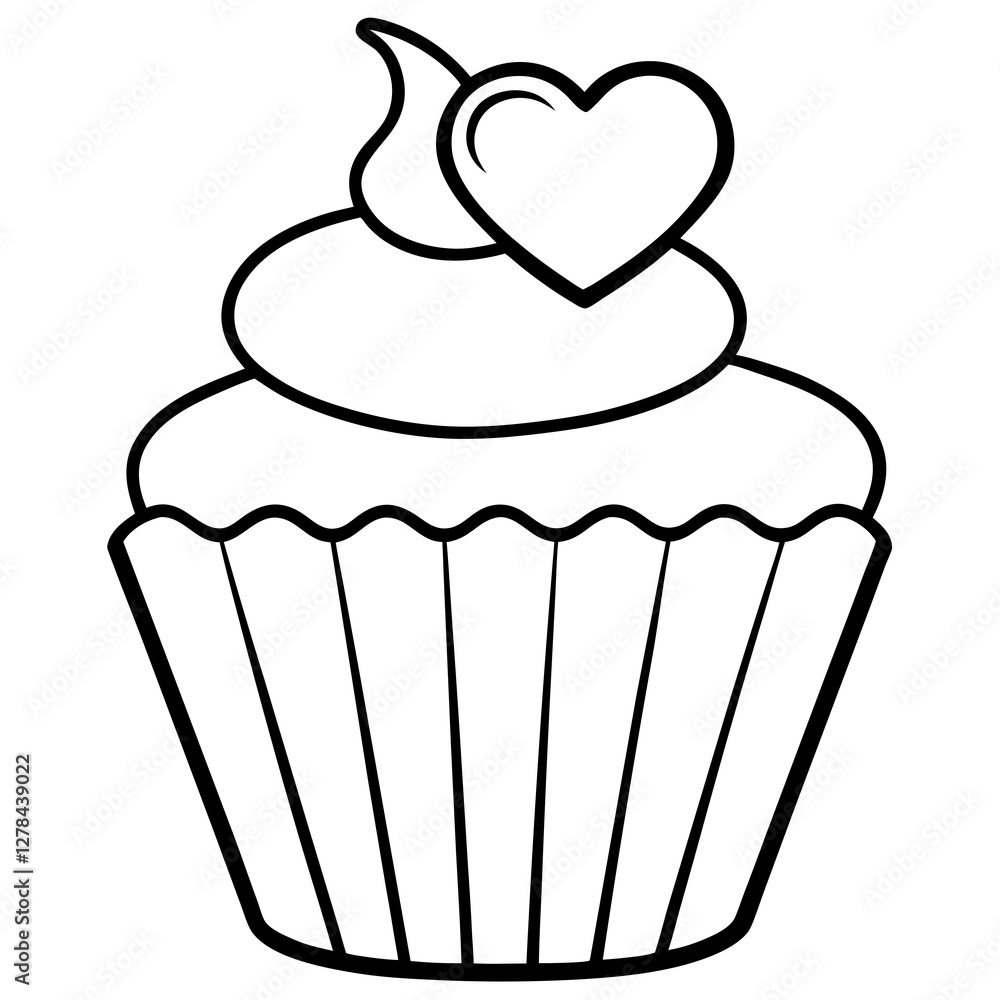 Romantic Cupcake with Heart Decoration Outline Romantic Cupcake with Heart Decoration Outline