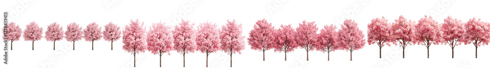Fototapeta premium Stunning spring scene with a lush vibrant forest of blooming cherry trees in full pink blossom Scenic landscape with flourishing floral foliage and serene tranquil atmosphere