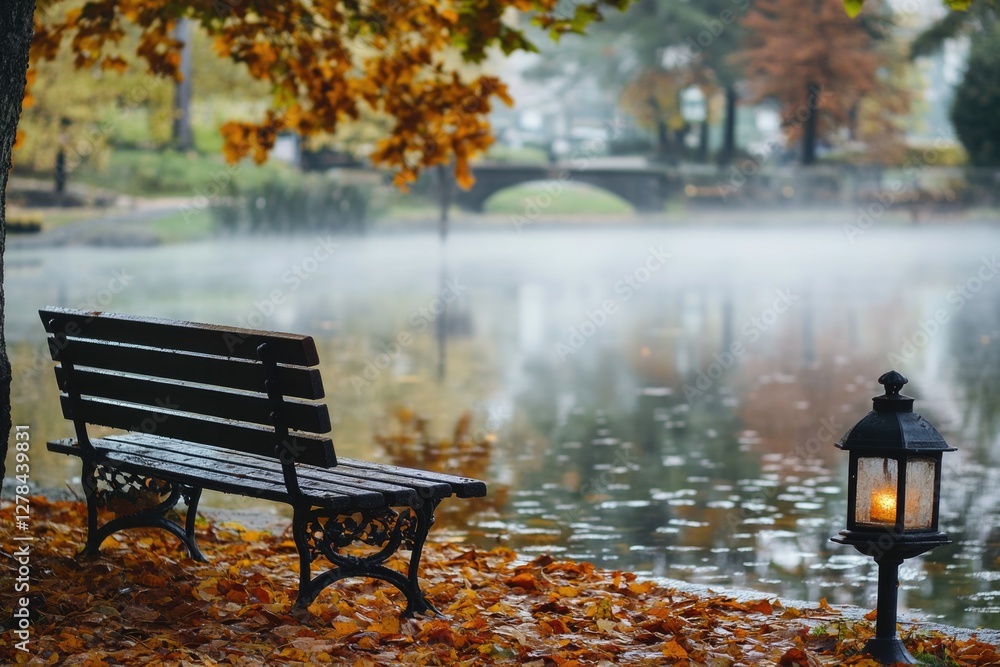 A cozy park bench situated beside a serene lake during the autumn season