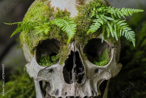 Close-up image of a skull with moss growing on it, suitable for use in horror or nature-themed designs photo