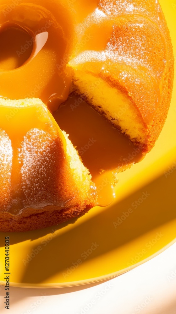 Caramel Cake Slice with Drizzle and Powdered Sugar Caramel Cake Slice with Drizzle and Powdered Sugar