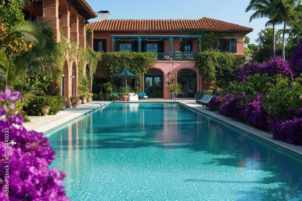 Fototapeta premium Mediterranean style mansion with large pool and lush landscaping.