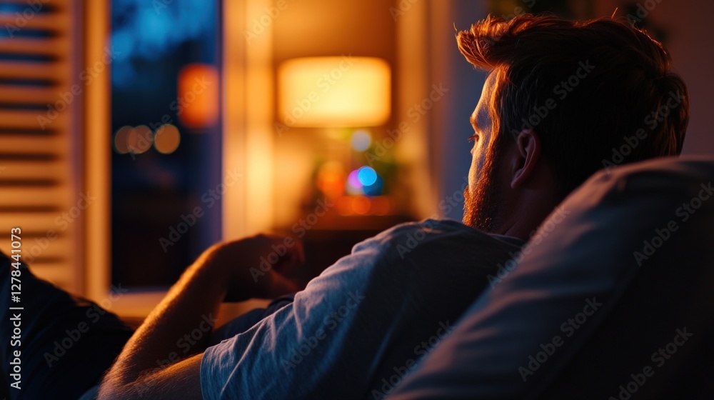 Man relaxing, evening home, city view, night Man relaxing, evening home, city view, night