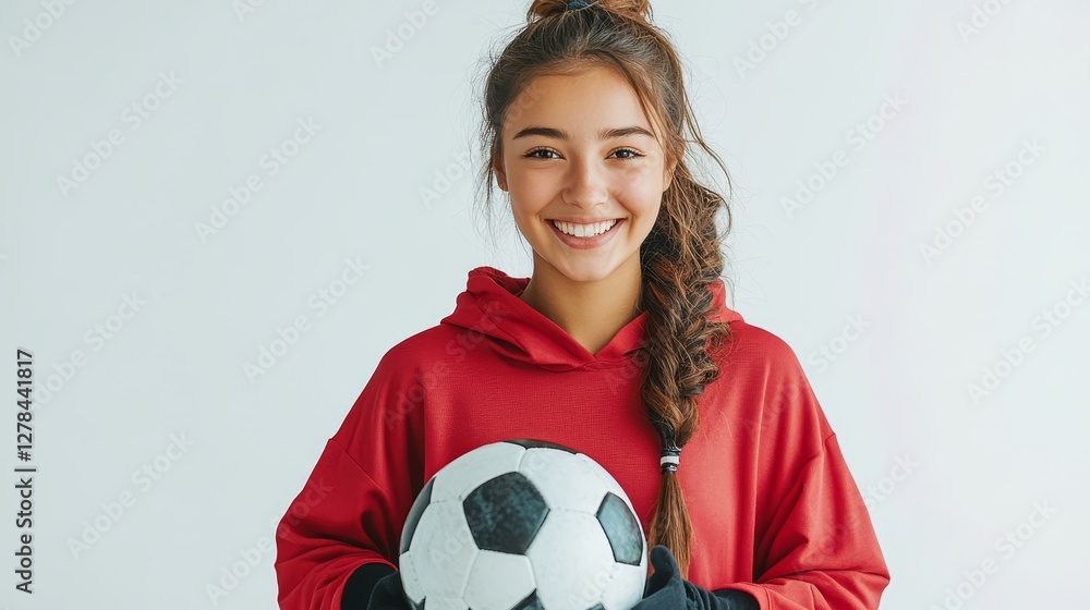 Happy girl holding soccer ball, red hoodie, smiling, long braid, casual, studio shot, white background, sports, active, youthful energy Happy girl holding soccer ball, red hoodie, smiling, long braid, casual, studio shot, white background, sports, active, youthful energy