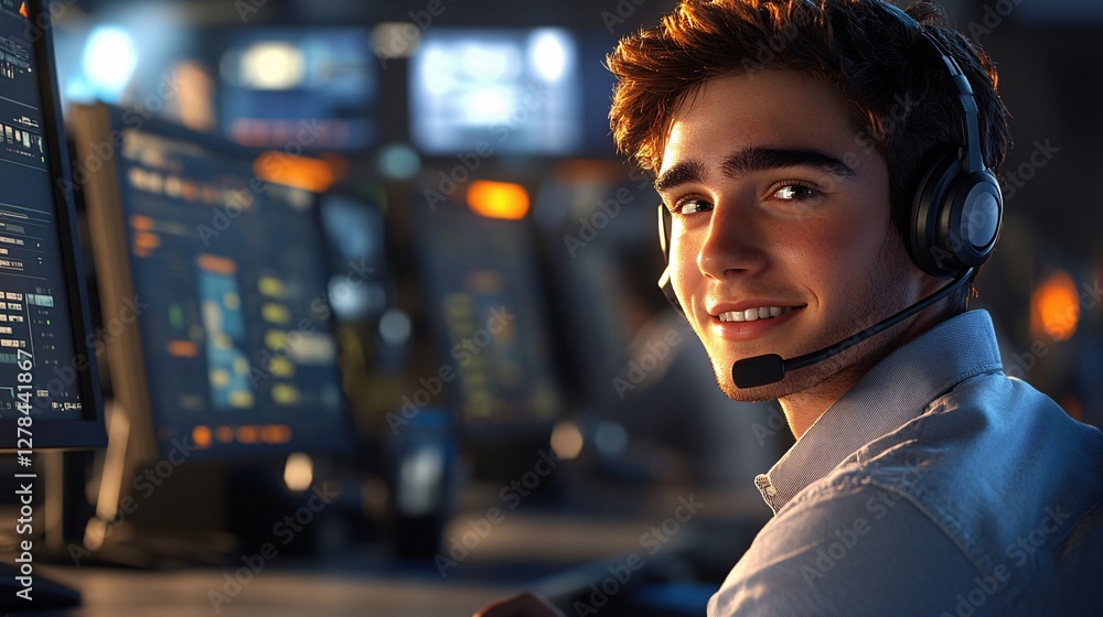 A young man wearing a headset in a control center A young man wearing a headset in a control center