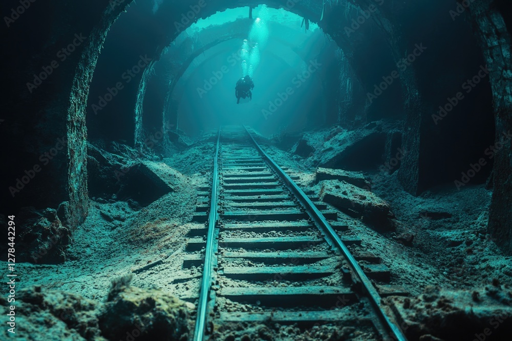 Naklejka premium A person swims in an underwater tunnel using a scuba board, great for water sports and adventure themes