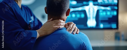 Doctor examining patient's neck, digital anatomy screen background, clinic