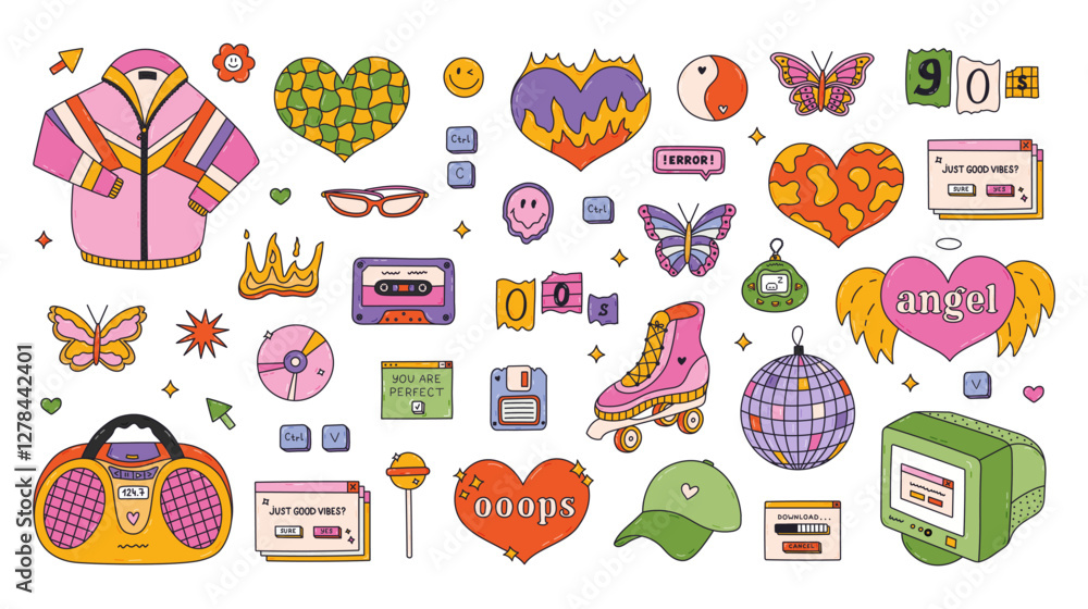 Big colorful line doodle Y2k set with fashion, sport, electronic, girly symbols from 90s, 00s. Retro aesthetic jacket, radio, butterfly, heart, old PC, cassette, roller skate. Nostalgia for 1990s. Big colorful line doodle Y2k set with fashion, sport, electronic, girly symbols from 90s, 00s. Retro aesthetic jacket, radio, butterfly, heart, old PC, cassette, roller skate. Nostalgia for 1990s.