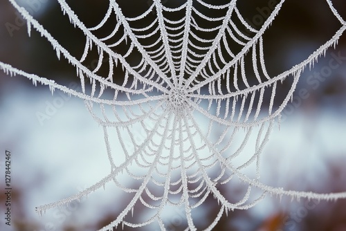 A spider web covered in frost on a tree branch, with morning dew adding sparkle to the icy crystals