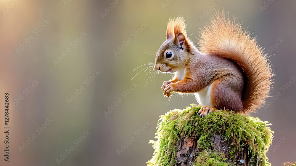 Fluffy red squirrel sitting on a mossy tree stump with a soft, blurred background. Perfect for wildlife photography, autumn themes, or nature-related content. Selective focus Fluffy red squirrel sitting on a mossy tree stump with a soft, blurred background. Perfect for wildlife photography, autumn themes, or nature-related content. Selective focus