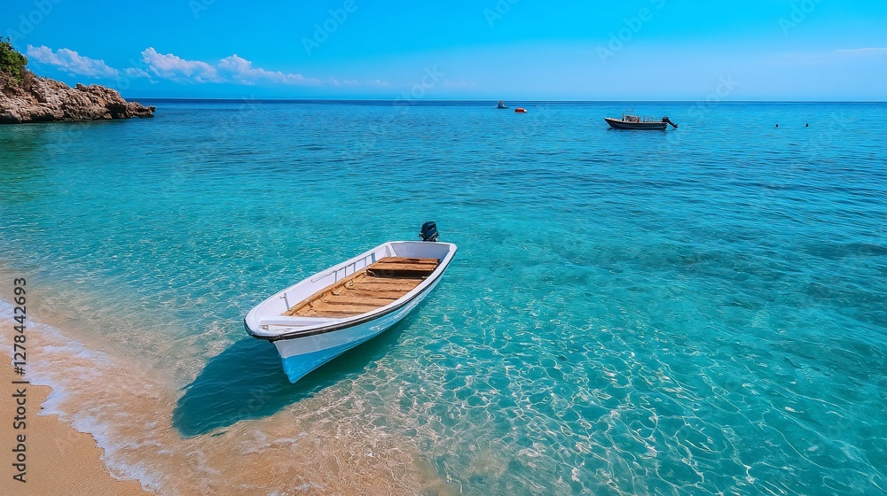 Serene Caribbean cove with clear water and an anchored boat Serene Caribbean cove with clear water and an anchored boat