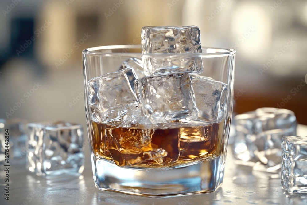 A glass filled with ice cubes sitting on a tabletop A glass filled with ice cubes sitting on a tabletop