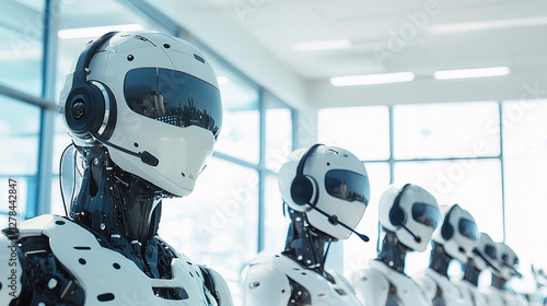 a robot call center agent wearing a headset with microphone with other robot call center agents in the background