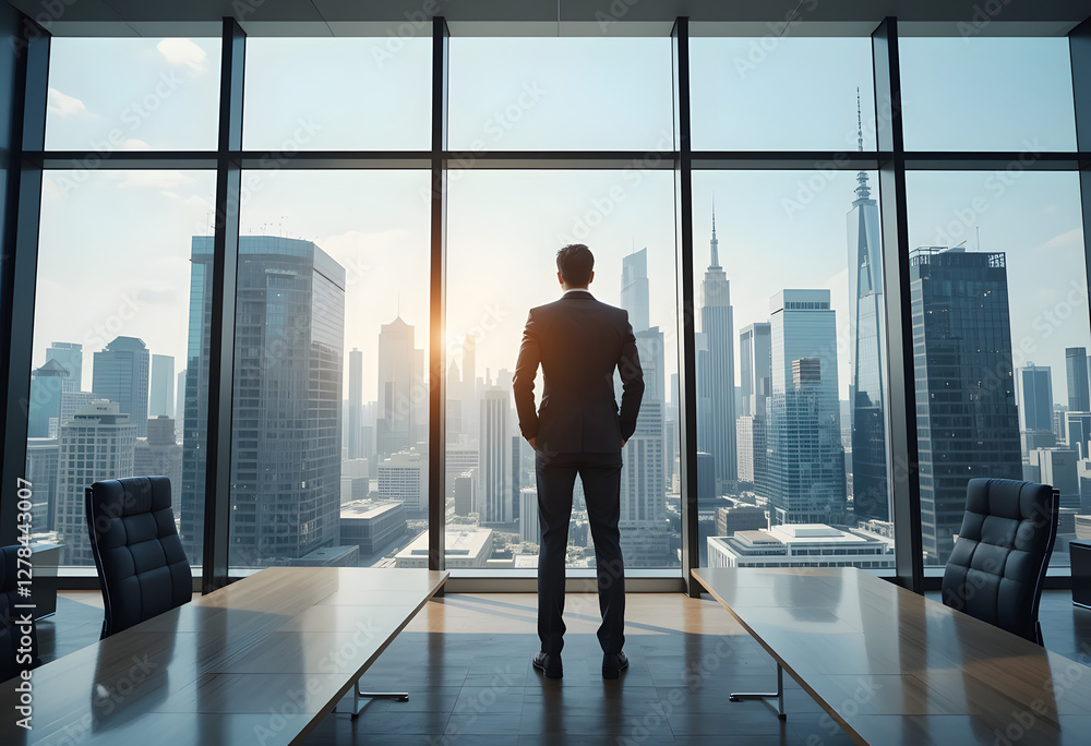 Fototapeta premium A businessman in an executive office gazes at the city skyline, symbolizing ambition, leadership, and success.