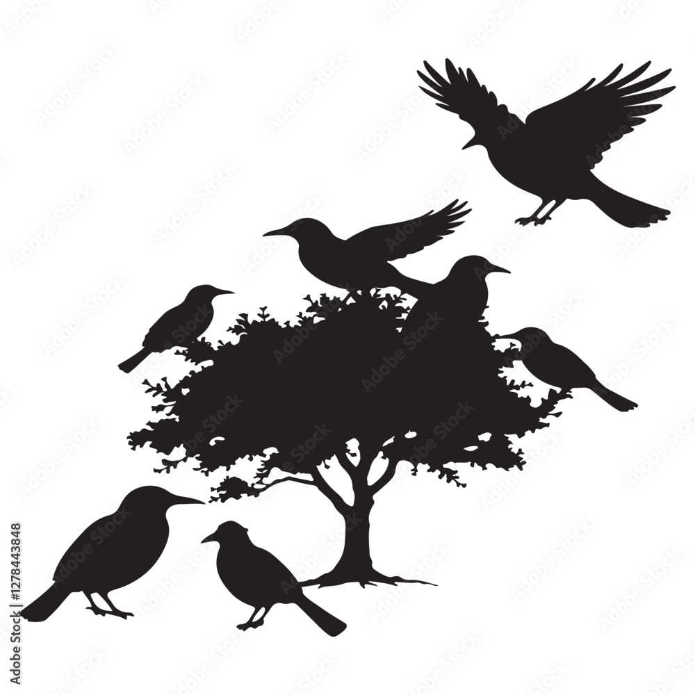 Fototapeta premium Black Birds & Tree Icon set Vector silhouette Isolated and White Background
