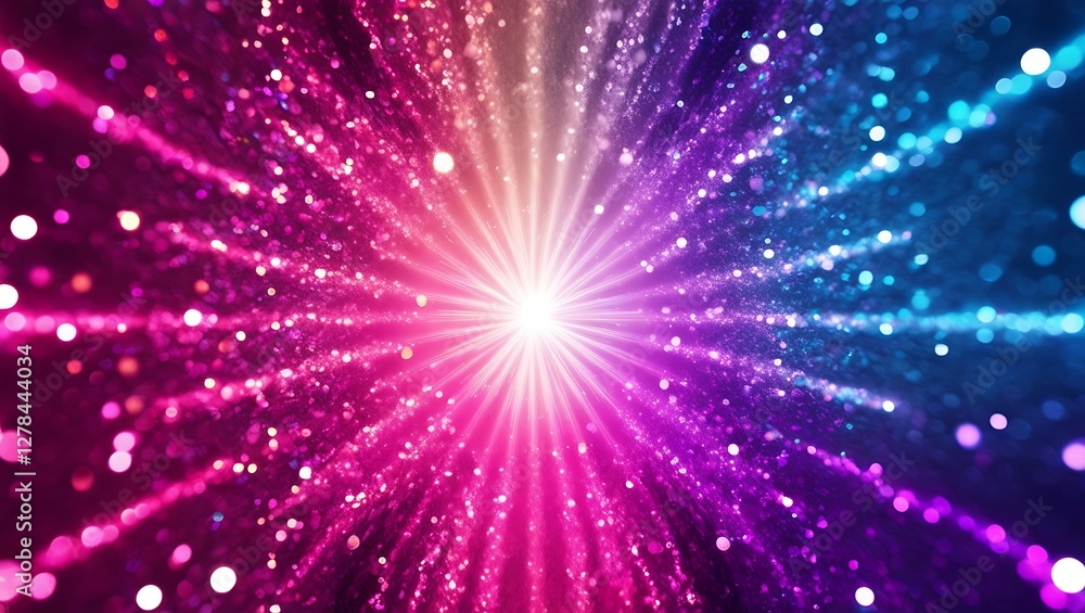 Obraz premium Neon Glitter Background with Bokeh Glow and Fluorescent Blue Magenta Pink Gradient Sparkles