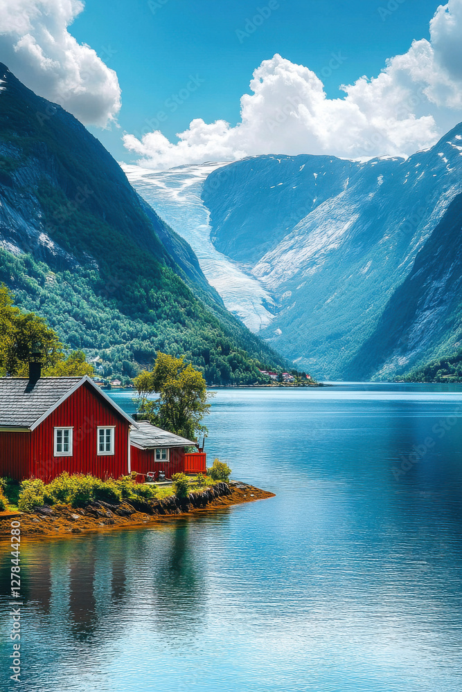 Fototapeta premium Hardangerfjord in south western Norway in the summer. A red, Norwegian house situated on a small island in the fjord. In the distance the Folgefonna glacier. Photo was taken near the village of Omastr