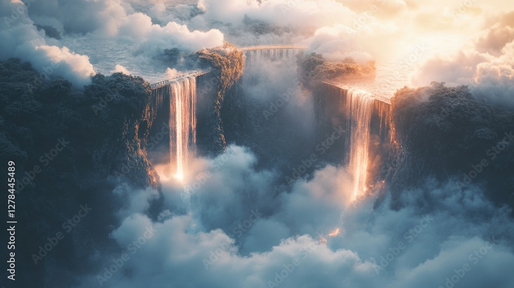 Fototapeta premium A scenic waterfall with a bridge crossing over it, perfect for use in travel or nature photography