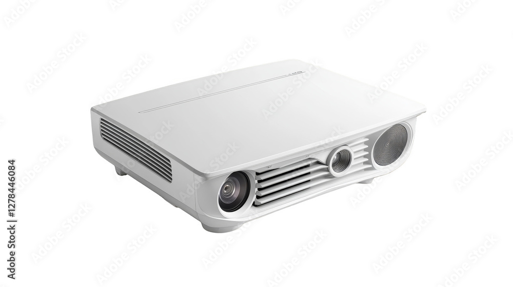 White projector on black background, a modern minimalist tech aesthetic for presentations, home theater and office use White projector on black background, a modern minimalist tech aesthetic for presentations, home theater and office use