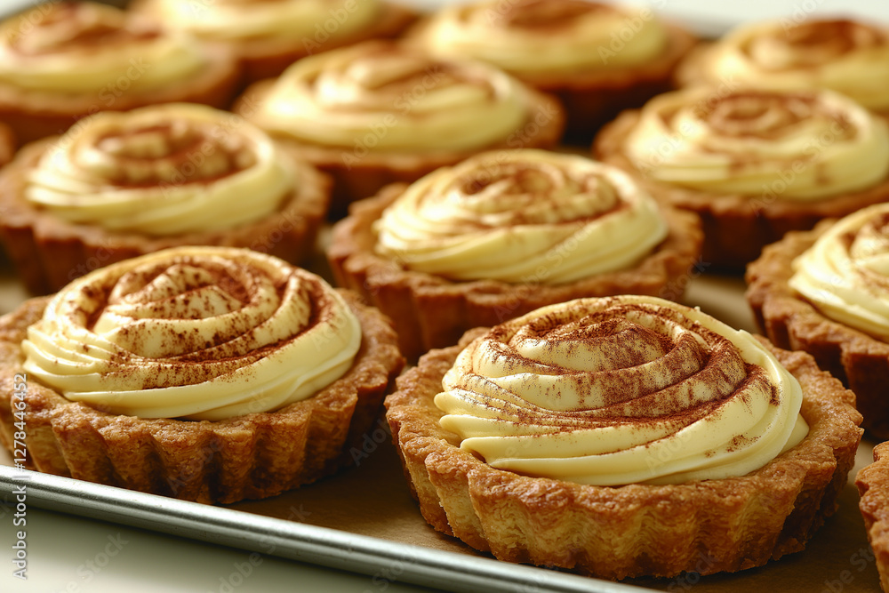 Decadent Cream Tarts with Cinnamon Dusting: A Delightful Pastry Display Decadent Cream Tarts with Cinnamon Dusting: A Delightful Pastry Display