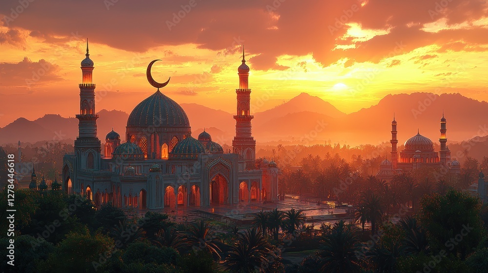Naklejka premium Majestic mosque silhouette at sunset with vibrant sky and tranquil landscape