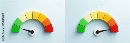 arrow point scale speed low status green speedometer icon Performance, pointer rating risk levels, meter, tachometer on blue background. 3d render
