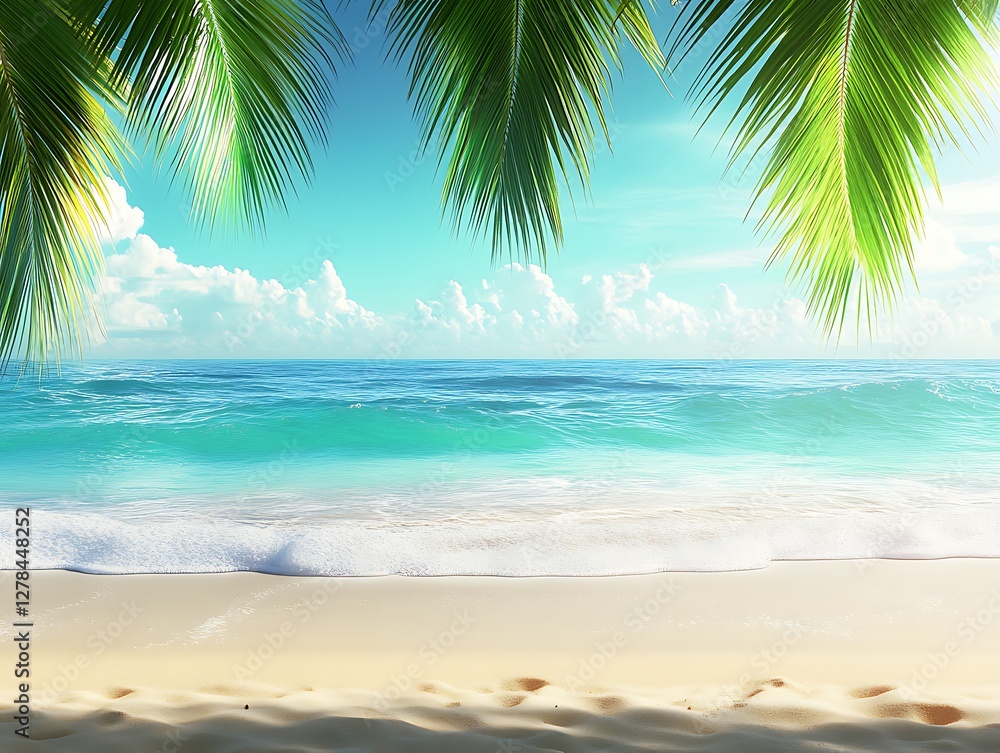 Fototapeta premium Tropical beach, ocean view, palm leaves, sunny sky, vacation