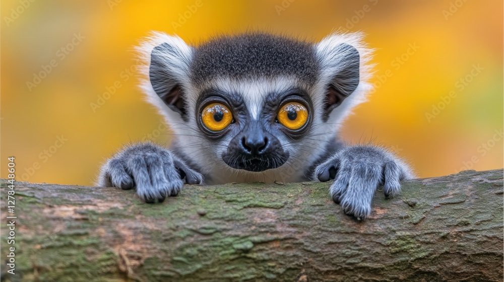Fototapeta premium A dramatic close-up of a ring-tailed lemur sitting on a tree branch at sunrise, its large golden eyes glowing against the soft orange sky.