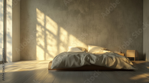 Minimalistbedroomwithsunlitconcretewall photo