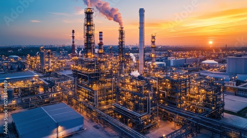 A sprawling industrial complex with towering smokestacks and vibrant lights under a colorful sunset sky.