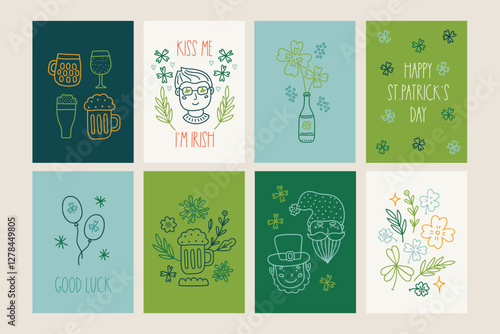 St. Patrick's Day greeting cards with man, leprechaun, clover, quatrefoil, leaves, balloon, beer glasses in Orange, Yellow, Green and White. Perfect for holiday decoration. Vector outline illustration