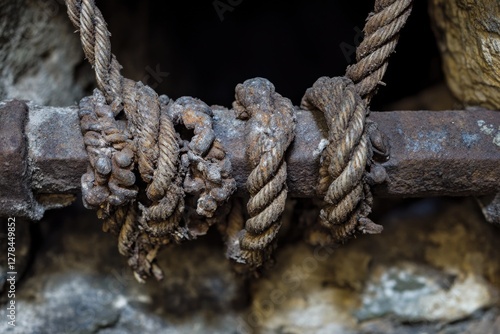 A close-up shot of a rusty pipe wrapped with a bunch of rope, suitable for use in scenes related to construction, industry, or rustic settings photo