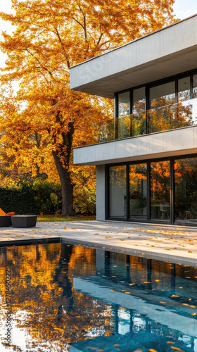 Modernhousewithinfinitypoolsurroundedbyautumntrees photo