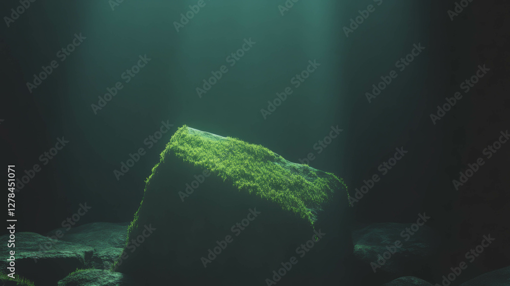 Naklejka premium Captivating dark green moss on light wet rock in a mystical forest setting